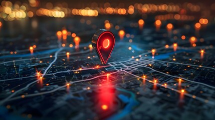Canvas Print - Navigational Search Engine Optimization Maps Red Marker On City Lights Background (Generative AI)
