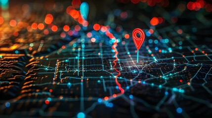 Wall Mural - Navigational Search Engine Optimization Maps Red Marker On City Lights Background (Generative AI)
