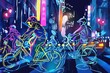 Cartoon cute doodles of characters riding neon bicycles through a bustling city street, dodging traffic and enjoying the sights, Generative AI