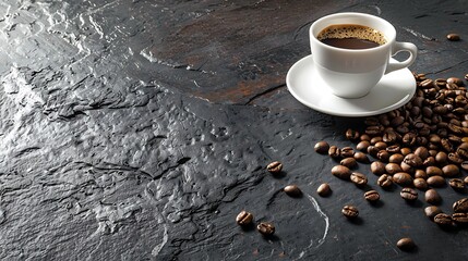 Coffee cup and roasted beans on dark stone table