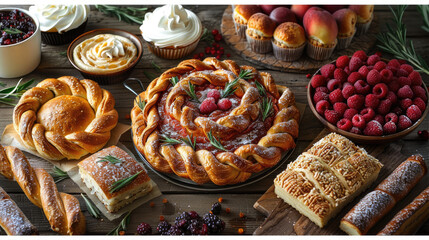 Sticker - Table displaying a variety of baked goods, apples, and other food items