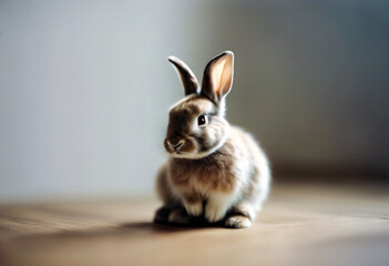 Wall Mural - 'rabbit white sitting Sweet background sad Easter Animal Happy Cute Holiday Young Pet Domestic Rodent Bunny Studio Horizontal Adorable Alone Grey Look Nobody OneBackground Isolated Easter White'