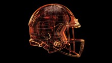 A Transparent Glass Football Helmet Being Built From High-tech Digital Orange Grids And Small Lines Of Code On A Black Background