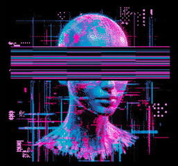 Poster - Glitched and pixelated silhouette of a 3D human head on a dark background. Conceptual vector illustration about man in the age of technology. 