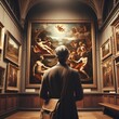 Back of an adult person looking at renaissance style paintings in an old museum art gallery.