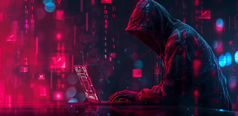 A hacker at work in a hoodie coding on a computer with a digital background of code and web elements