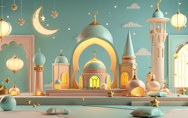 Canvas Print - 3d illustration Islamic display podium decoration background with mosque, lantern, crescent moon cartoon style, ramadan kareem, mawlid, iftar, isra miraj, eid al fitr adha 