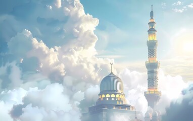 Poster - 3d illustration Background of Kaaba and mosque minaret in clouds banner concept for hajj or Eid al-Adha celebration day