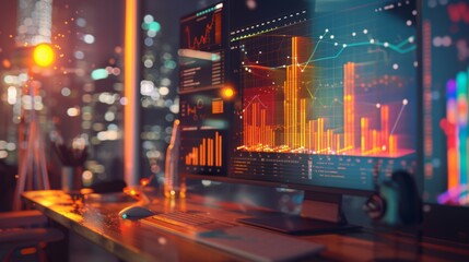 Leinwandbilder - A desktop computer displaying a 3D-rendered business graph, providing a visually engaging representation of complex financial data.