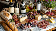 A Traditional French Charcuterie And Cheese Buffet With A Selection Of Baguettes, Wines, And Pastries Arranged On A Vintage Marble Counter