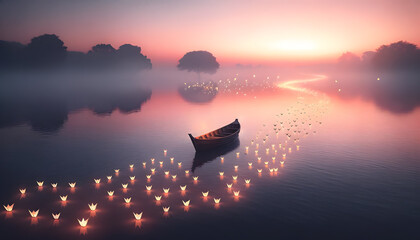 Wall Mural - a serene river at dawn, with a small wooden boat floating in the middle.