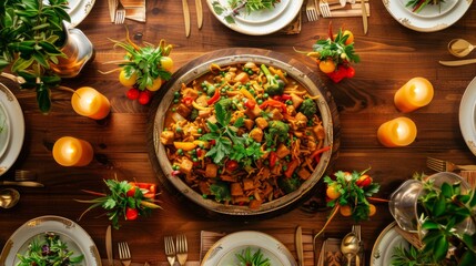 A festive dinner table with a large platter of curry stir-fry surrounded by steamed vegetables and fresh herbs