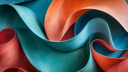 Sticker - Abstract design, ribbon-like forms twisting through an empty space, shades of teal and coral