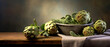 Fresh organic artichokes on a distressed metal surface, focus on natural textures,