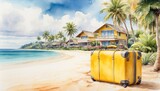 Fototapeta Mapy - Watercolor yellow suitcase on a tropical beach is a trip to the sea in a warm summer climate, a vacation tour in hotel.