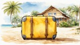 Fototapeta Mapy - Watercolor yellow suitcase on a tropical beach is a trip to the sea in a warm summer climate, a vacation tour in hotel.