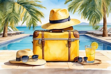 Watercolour Illustration yellow suitcase on a tropical resort is trip to the sea and pool in a warm summer climate, a vacation tour in hotel. 