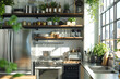 Modern urban kitchen interior with stainless steel appliances, open shelving, and herb garden on windowsill. Contemporary small kitchen design concept with industrial accents.