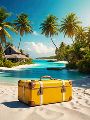 Yellow suitcase on a tropical beach is a trip to the sea in a warm summer climate, a vacation tour in hotel. 