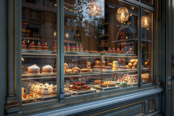 Showcase of artisan pastries like eclairs, cream puffs, and macarons in a chic patisserie window, street view