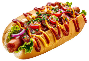 Poster - Delicious hot dog loaded with fresh vegetables, ketchup, and mustard .