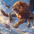 Dynamic depiction of a lioneagle hunting, showcasing its agility and power as it swoops down on prey with the strength of a lion and the speed of an eagle , high detailed