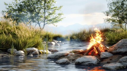 Wall Mural - A fire is burning in front of a body of water