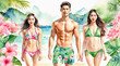 Group of young people in colorful swimwear on the beach, watercolor painting style, generative AI.