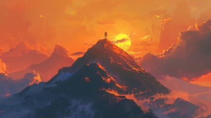 A lone figure stands atop a mountain, bathed in the first light of dawn, embracing the promise of a new beginning as the sun rises.