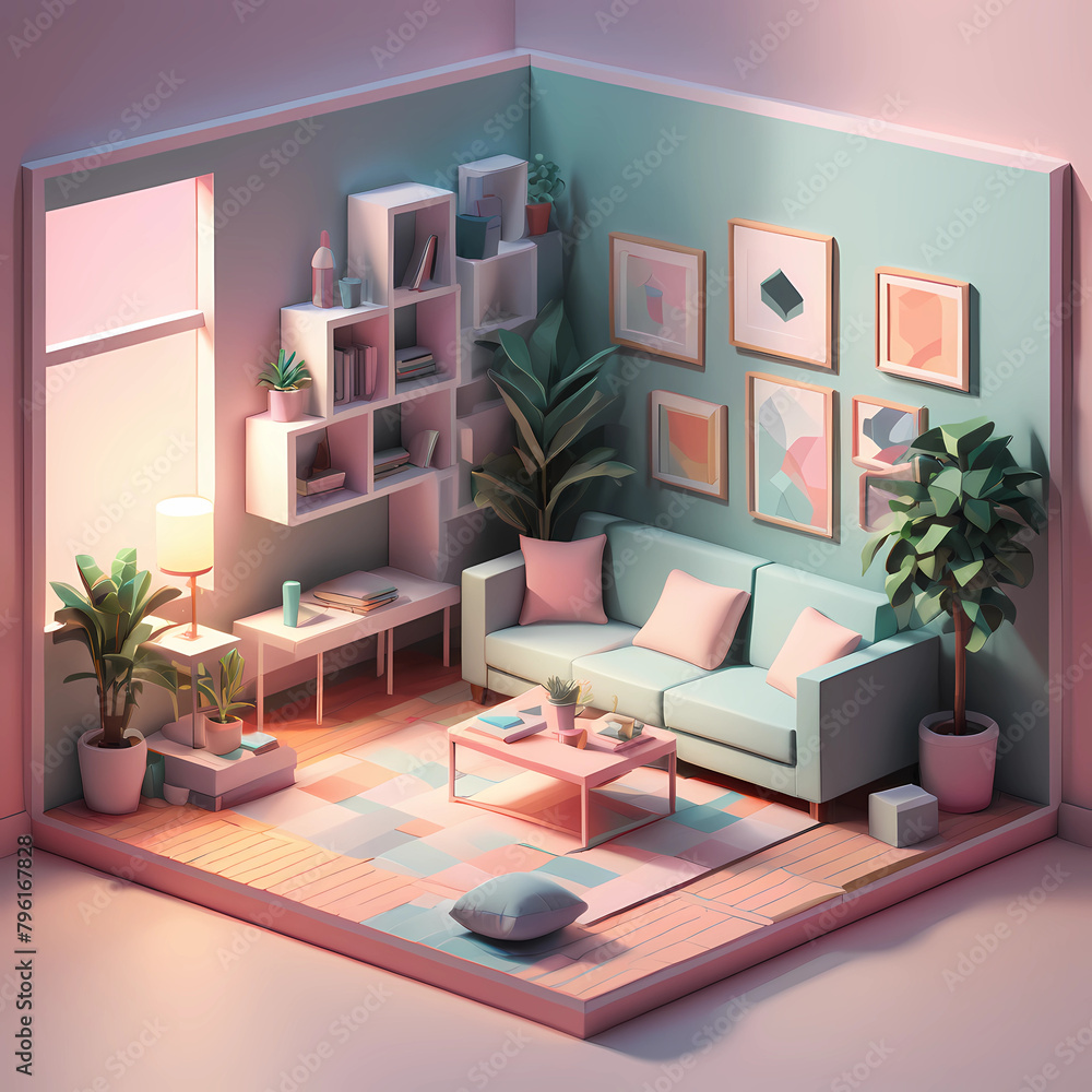 cube cutout of an isometric living room, 3d art, pastel colors, soft ...