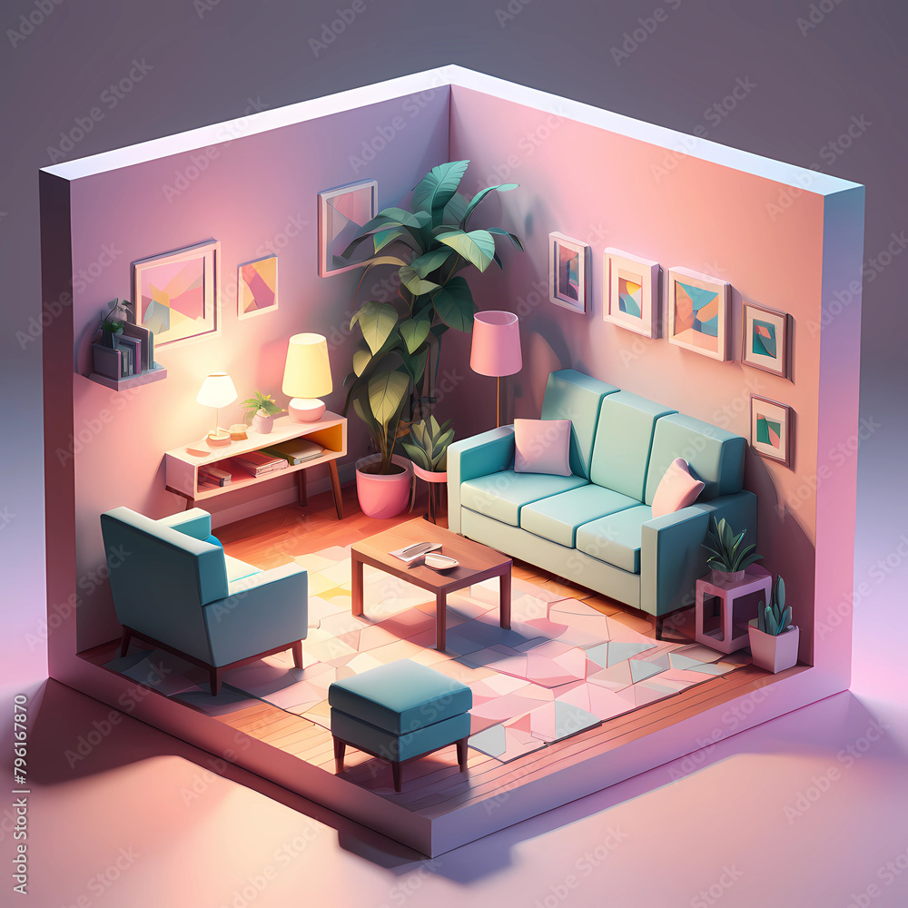 cube cutout of an isometric living room, 3d art, pastel colors, soft ...