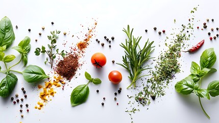 Fresh spices and herbs isolated on white background