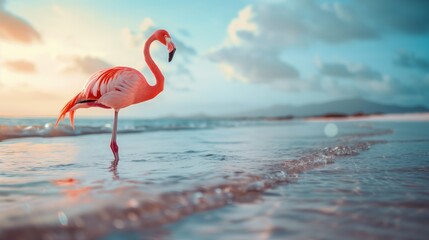 Poster - A vibrant pink flamingo stands serenely in shallow water on a beach at sunset.