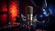Detailed shot of a condenser microphone in a studio, with a pop filter and acoustic panels in the background,