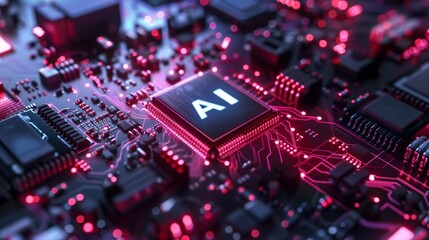 Canvas Print - Close-up view of a vibrant AI processor chip set on a circuit board with glowing red lights.