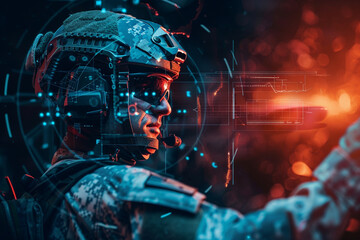 Wall Mural - soldier with tactical military HUD and battlefield scenarios