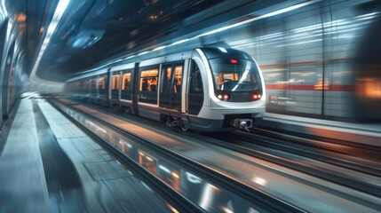 Aufkleber - A modern metro train speeding through an urban landscape, passengers seated comfortably, illustrating the efficiency and convenience of public transportation.