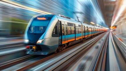 Aufkleber - A modern metro train speeding through an urban landscape, passengers seated comfortably, illustrating the efficiency and convenience of public transportation.