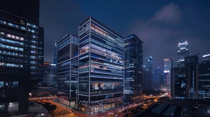 Aufkleber - A modern office tower illuminated by dynamic LED lights, showcasing innovative architectural design and creating a striking visual landmark in the city skyline.