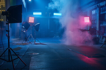 Wall Mural - street scene with a dark blue background, neon lights, and spotlights, featuring an asphalt floor and a studio room with rising smoke, creating a dramatic night view