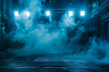 Wall Mural - street scene with a dark blue background, neon lights, and spotlights, featuring an asphalt floor and a studio room with rising smoke, creating a dramatic night view