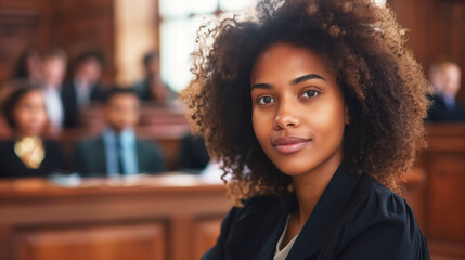 Wall Mural - A African American woman with curly hair in court. A female lawyer zealously advocates for defendants' rights in court before a judge and jury. Concept Lawyer, Advocacy, Defender, Justice, Courtroom