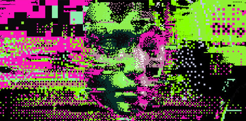 Poster - Glitched and pixelated silhouette of a 3D human head on a dark background. Conceptual vector illustration about man in the age of technology. 
