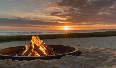 Wall Mural - A fire pit on a beach with a sunset in the background