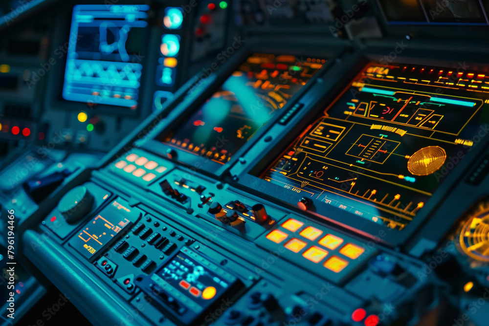 The complex interface of a spaceships control panel glowing with ...