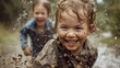 © NickArt - Happy muddy children running outdoors on rainy weather after playing in nature