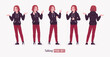 Young hoodie wear guy telling, speaker pose set. Cute active man wearing basic casual look red jeans, male street style everyday sneakers, cool long hairstyle, ruby wine dye color. Vector illustration