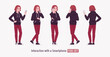 Young hoodie wear guy smartphone user pose set. Cute active man wearing basic casual look red jeans, male street style everyday sneakers, cool long hairstyle, ruby wine dye color. Vector illustration