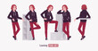 Young hoodie wear guy stand leaning pose set. Cute active man wearing basic casual look red jeans, male street style everyday sneakers, cool long hairstyle of ruby wine dye color. Vector illustration