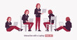 Young hoodie wear guy laptop computer user pose set. Cute active man wearing basic casual red jeans, male street style everyday sneakers, cool long hairstyle, ruby wine dye color. Vector illustration
